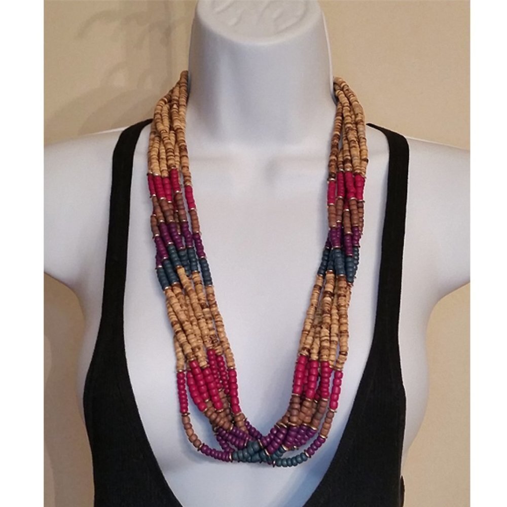 VINTAGE Colorful Wooden Beads Necklace + Free Bangle Boho Free Spirit Hippie.